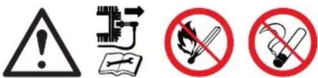Four safety and hazard symbols: warning triangle, circuit diagram with arrows, open book with checkmark, no smoking, and no smoking can