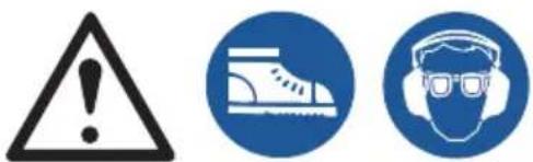 Three safety symbols: warning triangle, high-visibility shoe, and high-visibility helmet with headband