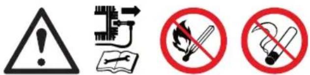 Four safety and smoking symbols: warning triangle, circuit board with arrows, open book with cigarette, and no-smoking crossed-out circles.