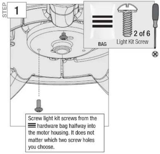 STEP 1 2 of 6 BAG Light Kit Screw Screw light kit screws from the hardware bag halfway into the motor housing. It does not matter which two screw holes you choose.