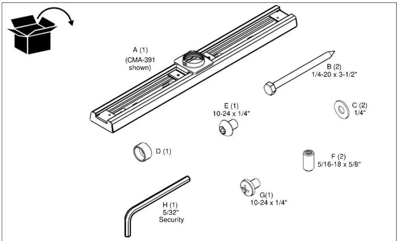 A (1) (CMA-391 shown) B (2) 1/4-20 x 3-1/2" E (1) 10-24 x 1/4" C (2) 1/4" D (1) F (2) 5/16-18 x 5/8" H (1) 5/32" Security G(1) 10-24 x 1/4"