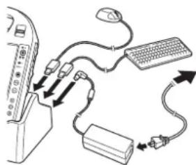 Diagram showing connections between a device, keyboard, and battery with directional arrows indicating signal or data flow.