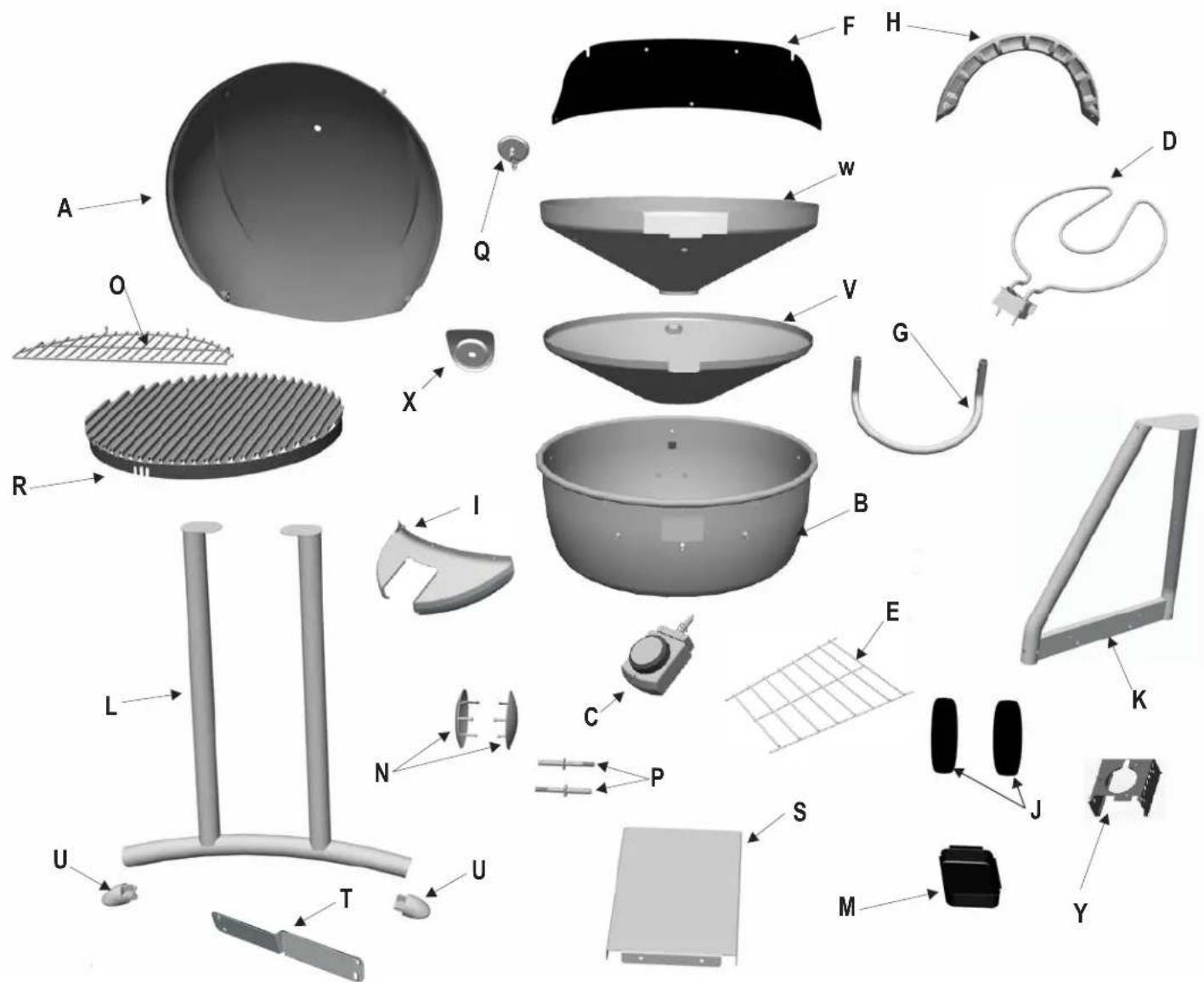 Exploded view diagram of a smart home appliance with labeled parts from A to Y