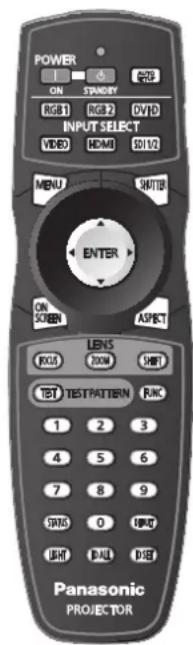 POWER ON STANDY RGB1 RGB 2 DVD VIDEO HDMI S1V2 MENU SHATIR ENTER ON SCREEN ASPECT LENS KOSI ROOM SHIFT TEST TESTPATTERN RUNC 1 2 3 4 5 6 7 8 9 SPINS 0 HMO LIGHT DALL PSE Panasonic PROJECTOR