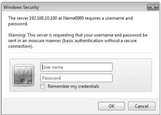 Windows Security The server 192.168.10.100 at Name0000 requires a username and password. Warning: This server is requesting that your username and password be sent in an insecure manner (basic authentication without a secure connection). User name Password Remember my credentials OK Cancel