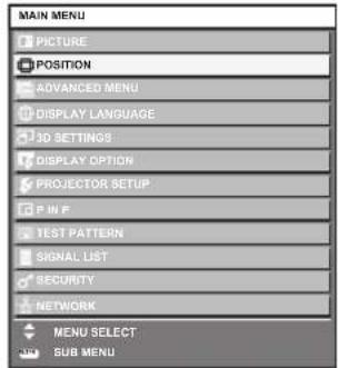 MAIN MENU PICTURE POSITION ADVANCED MENU DISPLAY LANGUAGE 3D SETTINGS DISPLAY OPTION PROJECTOR SETUP P IN F TEST PATTERN SIGNAL LIST SECURITY NETWORK MENU SELECT SUB MENU