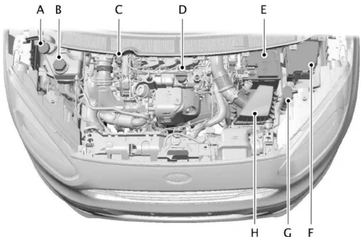 FORD Tourneo Courier (2014) - UNDER MOTORHUVEN – ÖVERSIKT - 1.0L ECOBOOST (74KW/100HK), HÖGERSTYRD - 1