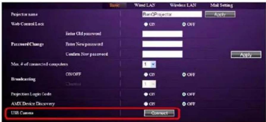 Basic Wind LAN Wireless LAN Mail Setting Projector name BanOProjector Apply Web Control Lock ● ON ● OFF Enter Old password Password Change Enter New password Confirm Now password Apply Max. # of connected computers 1 Broadcasting ON/OFF ● ON ● OFF Channel 1 Projection Login Code ● ON ● OFF AMX Device Discovery ● ON ● OFF USB Camera Connect