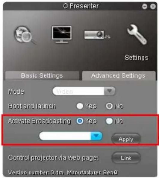 Q Presenter Settings Basic Settings Advanced Settings Mode Video Boot and launch Yes No Activate Broadcasting Yes No Apply Control projector via web page: Link Version number: 0.1m Manufacturer BenQ