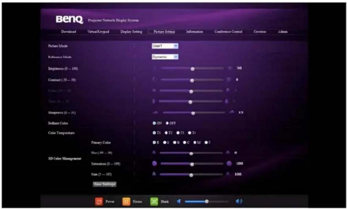 BenQ Projetar Network Display System Download Virtual Keypad Display Setting Picture Settings Information Conference Control Creation Admin Picture Mode User1 Reference Mode Dynamic Brightness (0 - 100) 50 Contrast (-30 - 50) 0 Color (White) Texture (30 - 50) Sharpness (0 - 31) 15 Bright Color ON OFF Color Temperature T1 T2 T3 T4 Primary Color R G R C M Y Blue (00 - 90) 0 Saturation (0 - 199) 100 Gain (5 - 192) 100 600 Settings SD Color Management