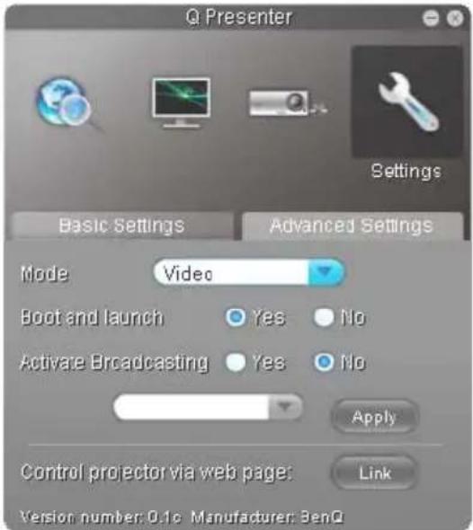 Q Presenter Settings Basic Settings Advanced Settings Mode Video Boot and launch Yes No Activare Broadcasting Yes No Apply Control projector via web page: Link Version number: 0.1c Manufacturer: BenQ