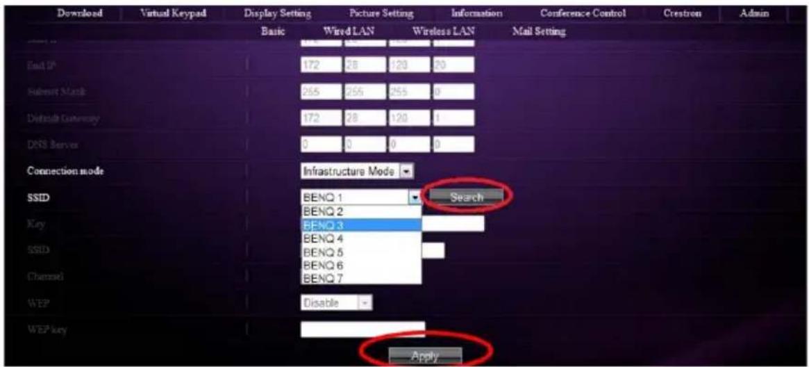 Download Virtual Keypad Display Setting Picture Setting Information Conference Control Crestron Admin Basic Wired LAN Wireless LAN Mail Setting End IP 172 28 120 20 Submit Mask 255 255 255 0 Difficult Currency 172 28 120 1 DNS Server 0 0 0 0 Connection mode Infrastructure Mode SSID BENQ 1 BENQ 2 Key BENQ 3 BENQ 4 BENQ 5 BENQ 6 BENQ 7 WEP Disable WEP key Apply