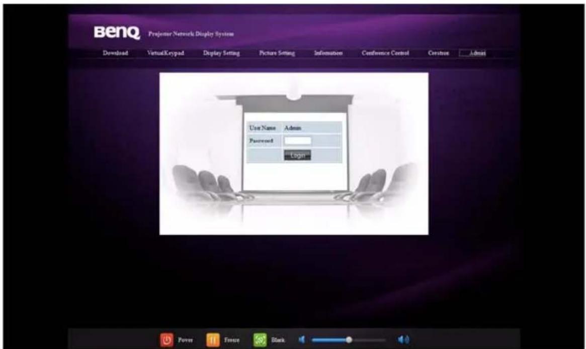 BenQ Projemar Network Display System Download Virtual Keypad Display Setting Picture Setting Information Conference Control Creation Admin User Name Admin Password Login Power Ensure Black