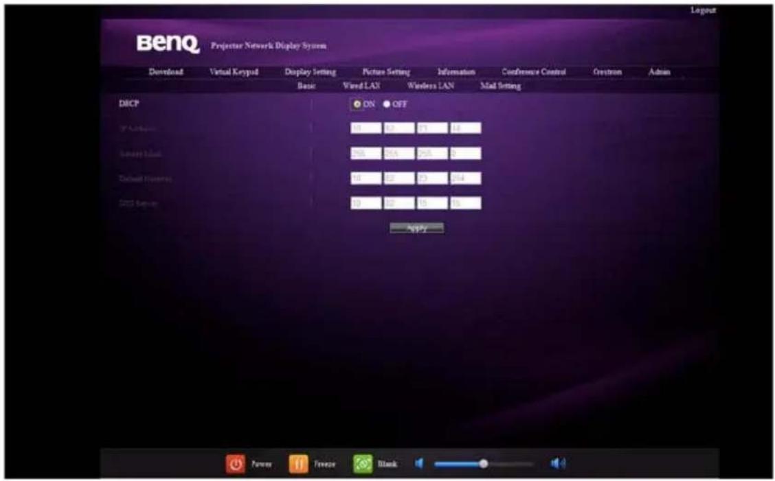 BenQ Projectar Network Display System Download Virtual Keypad Display Setting Picture Setting Information Conference Control Crestron Admin Basic Wired LAN Wireless LAN Mail Setting DRCP ON OFF IP Adoption 10 25 35 45 Server Bus 200 315 395 Device Features 10 22 33 364 SPSS Server 10 27 38 45 Apply Farms Freeze Black