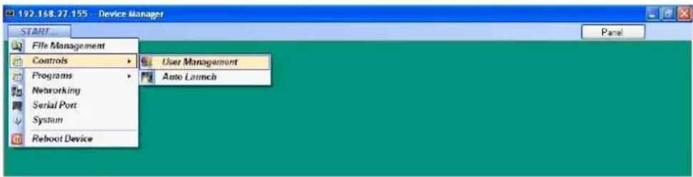 192.168.27.155 - Device Manager START... File Management Controls Programs Networking Serial Port System Reboot Device User Management Auto Launch Panel