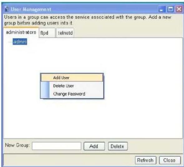 User Management Users in a group can access the service associated with the group. Add a new group before adding users into it administrators ftpd telnetd admin Add User Delete User Change Password New Group: Add Delete Refresh Close