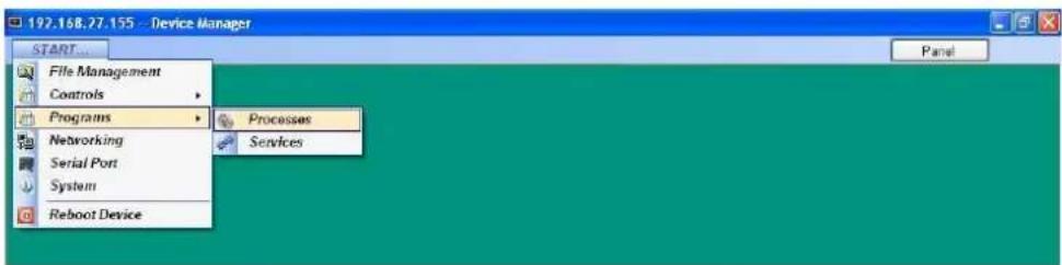 192.168.27.155 - Device Manager START... File Management Controls Programs Networking Serial Port System Reboot Device Processes Services Panel