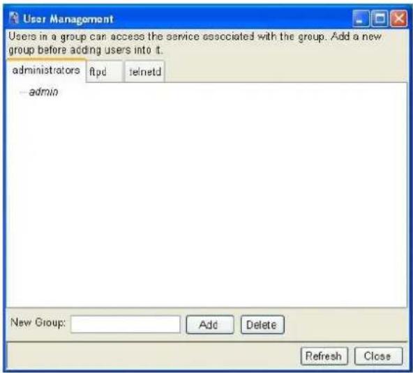 User Management Users in a group can access the service associated with the group. Add a new group before adding users into it. administrators ftpd telnetd -adminio New Group: Add Delete Refresh Close