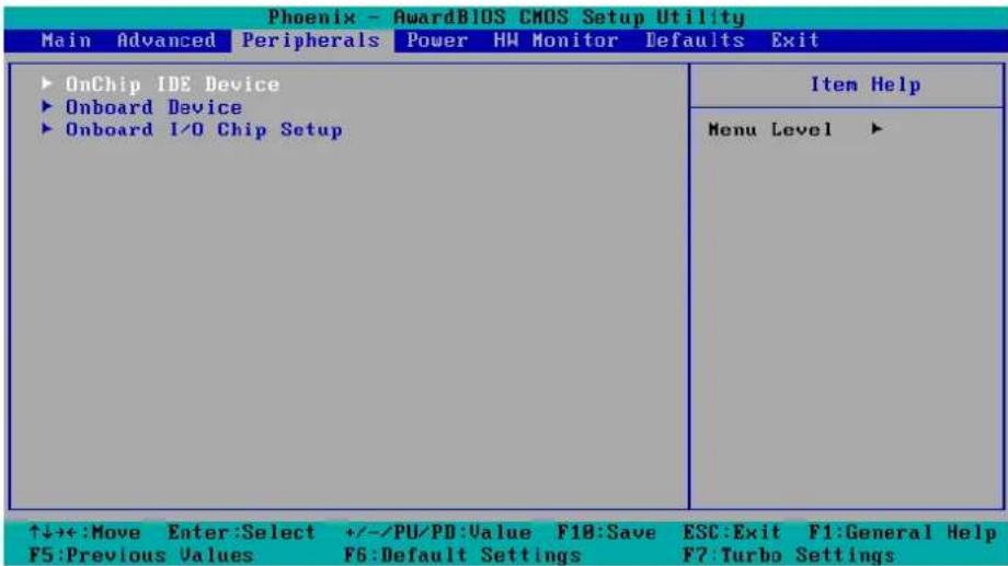 Phoenix - AwardBIOS CMOS Setup Utility Main Advanced Peripherals Power HW Monitor Defaults Exit ► OnChip IDE Device ► Onboard Device ► Onboard I/O Chip Setup Item Help Menu Level ► ↑↓+←:Move Enter:Select +/-/PU/PD:Value F18:Save ESC:Exit F1:General Help F5:Previous Values F6:Default Settings F7:Turbo Settings