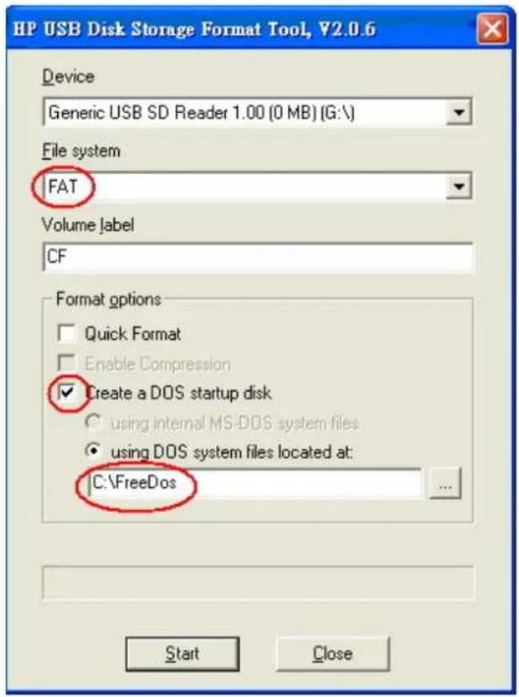 HP USB Disk Storage Format Tool, V2.0.6 Device Generic USB SD Reader 1.00 (0 MB) (G:\ File system FAT Volume Jabel CF Format options Quick Format Enable Compression Create a DOS startup disk using internal MS-DOS system files using DOS system files located at: C:\FreeDos Start Close