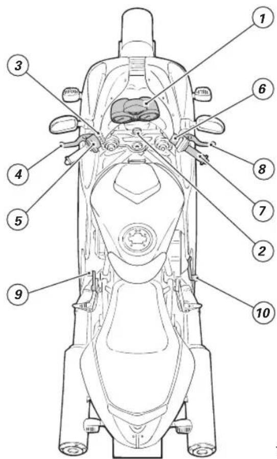 Technical diagram of a motorcycle body with numbered anatomical parts labeled 1 through 10
