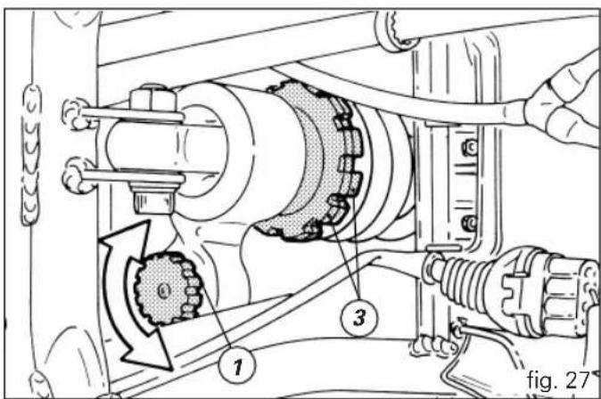 Technical diagram of a mechanical assembly with labeled parts and directional arrow indicating motion or movement