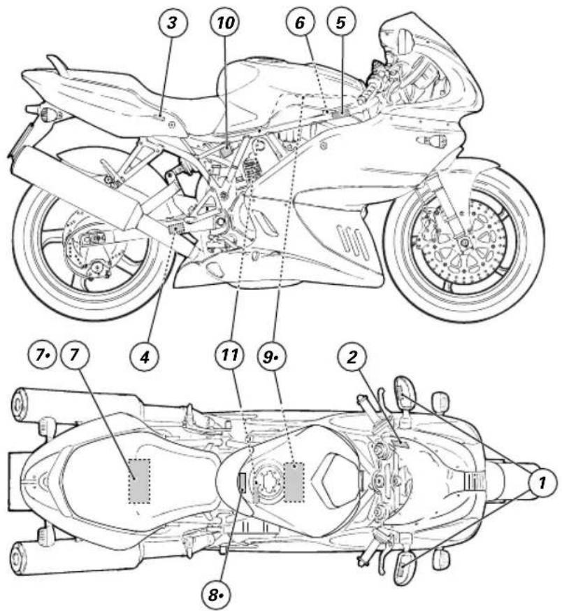 Technical diagram of a motorcycle with numbered parts for identification and assembly reference.