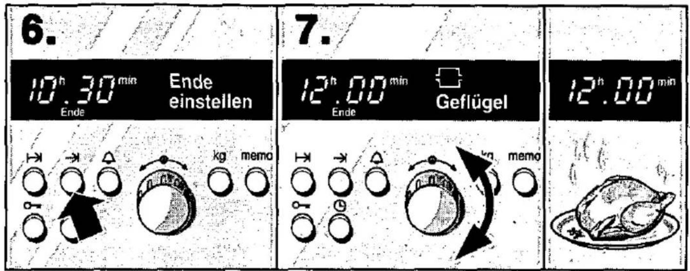 6. 10h.30 min Ende Ende einstellen 7. 12h.00 min Geflügel 12h.00 min Ende memo kg memo