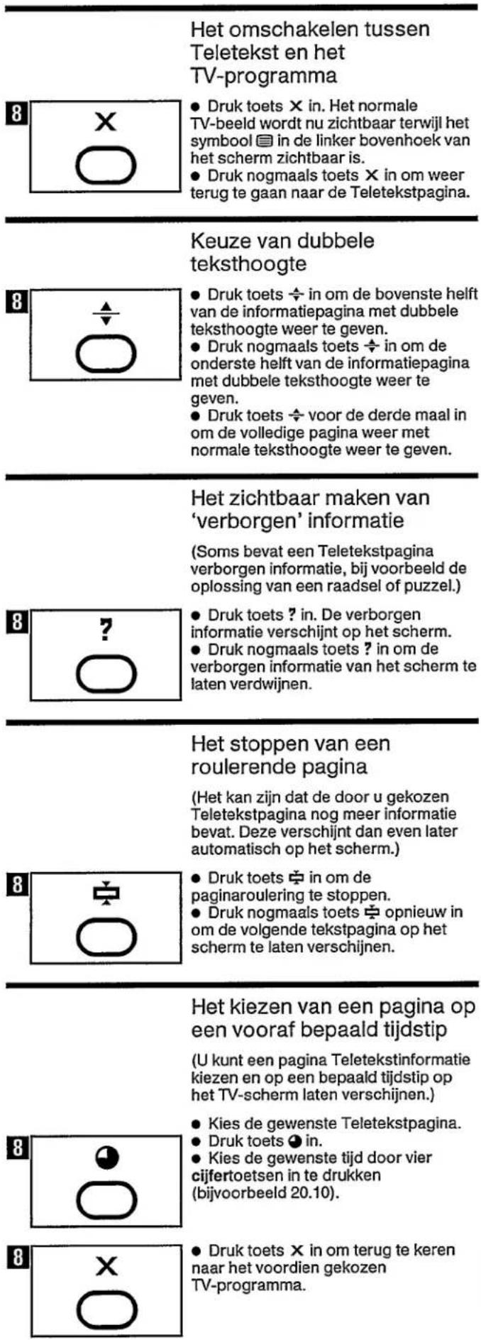 Het omschakelen tussen Teletekst en het TV-programma 8 ● Druk toets × in. Het normale TV-beeld wordt nu zichtbaar terwijl het symbol □ in de linker bovenhoek van het scherm zichtbaar is. ● Druk nogmaals toets × in om weer terug te gaan naar de Teletekstpagina. Keuze van dubbele teksthoogte 8 ● Druk toets ⇌ in om de bovenste helft van de informatiepagina met dubbele teksthoogte weer te geven. ● Druk nogmaals toets ⇌ in om de onderste helft van de informatiepagina met dubbele teksthoogte weer te geven. ● Druk toets ⇌ voor de derde maal in om de volledige pagina weer met normale teksthoogte weer te geven. Het zichtbaar maken van ‘verborgen’ informatie (Soms bevat een Teletekstpagina verborgen informatie, bij voorbeeld de oplossing van een raadsel of puzzel.) 8 ● Druk toets ? in. De verborgen informatie verschijnt op het scherm. ● Druk nogmaals toets ? in om de verborgen informatie van het scherm te laten verdwijnen. Het stoppen van een roulerende pagina (Het kan zijn dat de door u gekozen Teletekstpagina nog meer informatie bevat. Deze verschijnt dan even later automatisch op het scherm.) 8 ● Druk toets ⇌ in om de paginaroulering te stoppen. ● Druk nogmaals toets ⇌ opnieuw in om de volgende tekstpagina op het scherm te laten verschijnen. Het kiezen van een pagina op een vooraf bepaald tijdstip (U kunt een pagina Teletekstinformatie kiezen en op een bepaald tijdstip op het TV-scherm laten verschijnen.) 8 ● Kies de gewenste Teletekstpagina. ● Druk toets ● in. ● Kies de gewenste tijd door vier cijfertoetsen in te drukken (bijvoorbeeld 20.10). 8 ● Druk toets × in om terug te keren naar het voordien gekozen TV-programma.