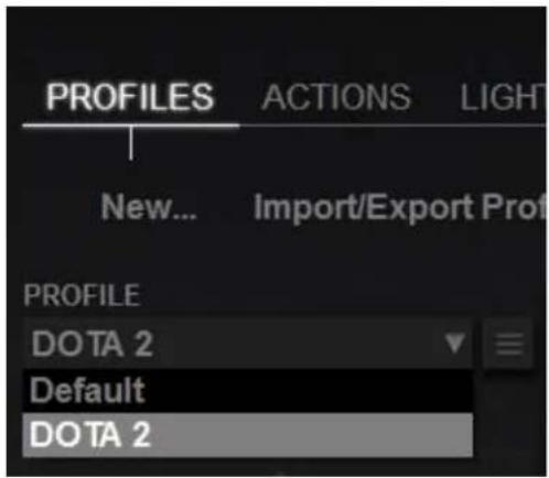 PROFILES ACTIONS LIGHT New... Import/Export Prof PROFILE DOTA 2 Default DOTA 2