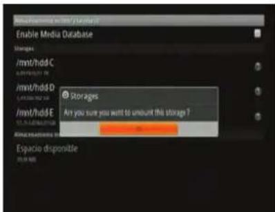 Enable Media Database Storages /mnt/hddC /mnt/hddD /mnt/hddE Storage Are you sure you want to mount this storage? OK Espacio dispromible