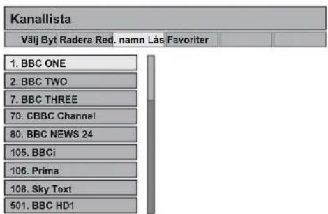 Kanallista Välj Byt Radera Red. namn Lås Favoriter 1. BBC ONE 2. BBC TWO 7. BBC THREE 70. CBBC Channel 80. BBC NEWS 24 105. BBCi 106. Prima 108. Sky Text 501. BBC HD1