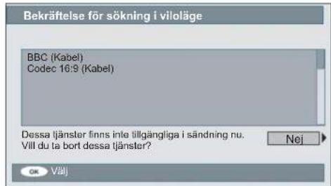 Bekräftelse för sökning i viloläge BBC (Kabel) Codec 16:9 (Kabel) Dessa tjänster finns inte tillgängliga i sändning nu. Vill du ta bort dessa tjänster? Nej OK Välj
