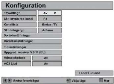 Konfiguration Favorl tilläge Av ▶ Sök krypterad kanal Pa Kanallista Endast TV Sändningstyp Antenn Spräkinställningar Barnlásinställningar Tidinställningar Uppgrad. receiver V0.11 (EU) Hörselskadade Av AC3 Ljud Av Land: Finland Andra favorl tillgelt OK Välja läge Mer