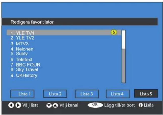 Redigera favorlistor 1. YLE TV1 2. YLE TV2 3. MTV3 4. Nelonen 5. Subtv 6. Teletext 7. BBC FOUR 8. Sky Travel 9. UKHistory Lista 1 Lista 2 Lista 3 Lista 4 Lista 5 Välj lista Välj kanal OK Lägg till/ta bort İ Lisää