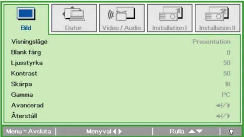 Bild Dator Video / Audio Installation I Installation II Visningsläge Presentation Blank färg 0 Ljusstyrka 50 Kontrast 50 Skärpa 16 Gamma PC Avancerad +/+ Äterställ +/+ Menu = Avsluta | Menyval | Rulla ▲▼ | ?