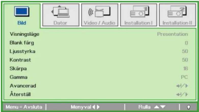 Bild Dator Video / Audio Installation I Installation II Visningsläge Presentation Blank färg 0 Ljusstyrka 50 Kontrast 50 Skärpa 18 Gamma PC Avancerad +/+ Återställ +/+ Menu = Avsluta | Menyval ▶ | Rulla ▲▼ | ?