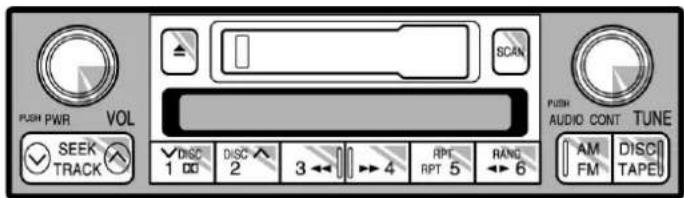 PUSH PWR VOL ✓ SEEK TRACK ✓ DISC 1 2 3 ← 4 RPT 5 RANG 6 SCAN PUSH AUDIO CONT TUNE AM DISCI FM TAPEI