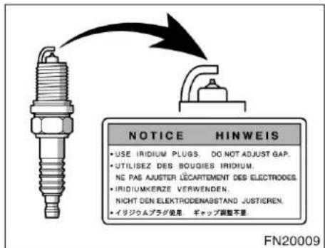 NOTICE HINWEIS • USE IRIDIUM PLUGS. DO NOT ADJUST GAP. • UTILISEZ DES BOUGIES IRIDIUM. NG PAS AJUSTER LÉCARTEMENT DES ELECTRODES. • IRIDIUMKERZE VERWENDEN. Nicht DEN ELEKTRODENABSTAND JUSTIEREN. • イリジウムプラグ使用. ギャップ調整不動. FN20009