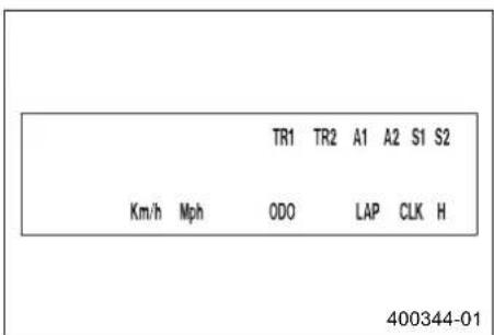 TR1 TR2 A1 A2 S1 S2 Km/h Mph ODO LAP CLK H 400344-01