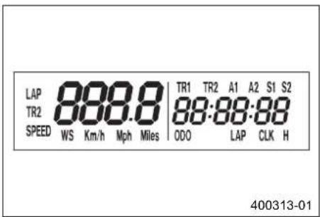 LAP 888.8 TR1 TR2 A1 A2 S1 S2 TR2 88:88:88 SPEED WS Km/h Mph Miles ODO LAP CLK H 400313-01