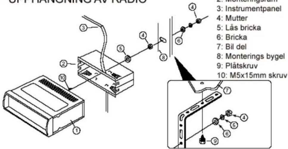 SPHANONING AV RADIO 3: Instrumentpanel 4: Mutter 5: Lås bricka 6: Bricka 7: Bil del 8: Monterings bygel 9: Plåtskruv 10: M5x15mm skruv