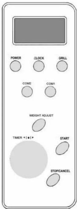 POWER CLOCK GRILL COM2 COM1 WEIGHT ADJUST TIMER <10> START STOPCANCEL