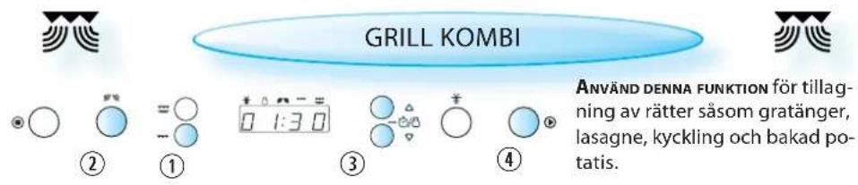 GRILL KOMBI Använd DENNA FUNKTION för tillagning av rätter såsom gratänger, lasagne, kyckling och bakad potatis.