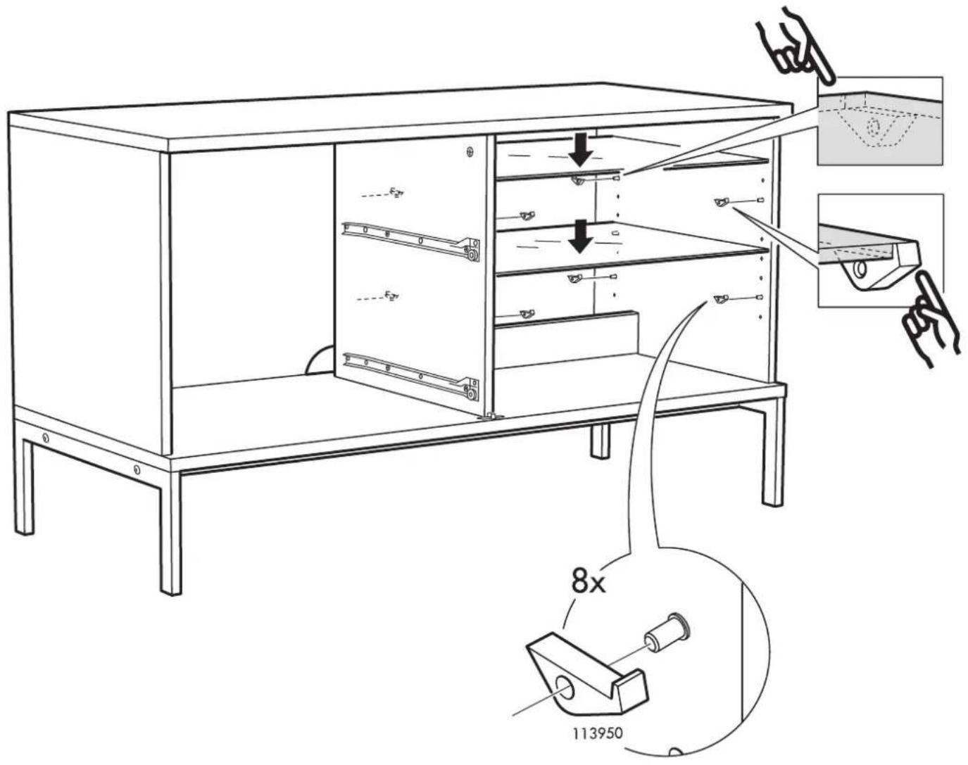 Technical diagram of a cabinet with labeled parts and a magnified inset showing a 8x ratio adjustment.
