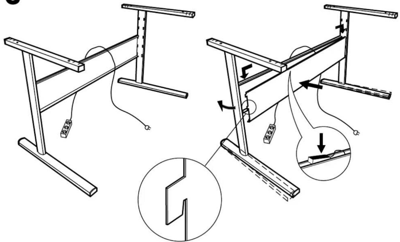 Technical diagram illustrating mechanical assembly steps with labeled components and directional arrows indicating motion or movement.