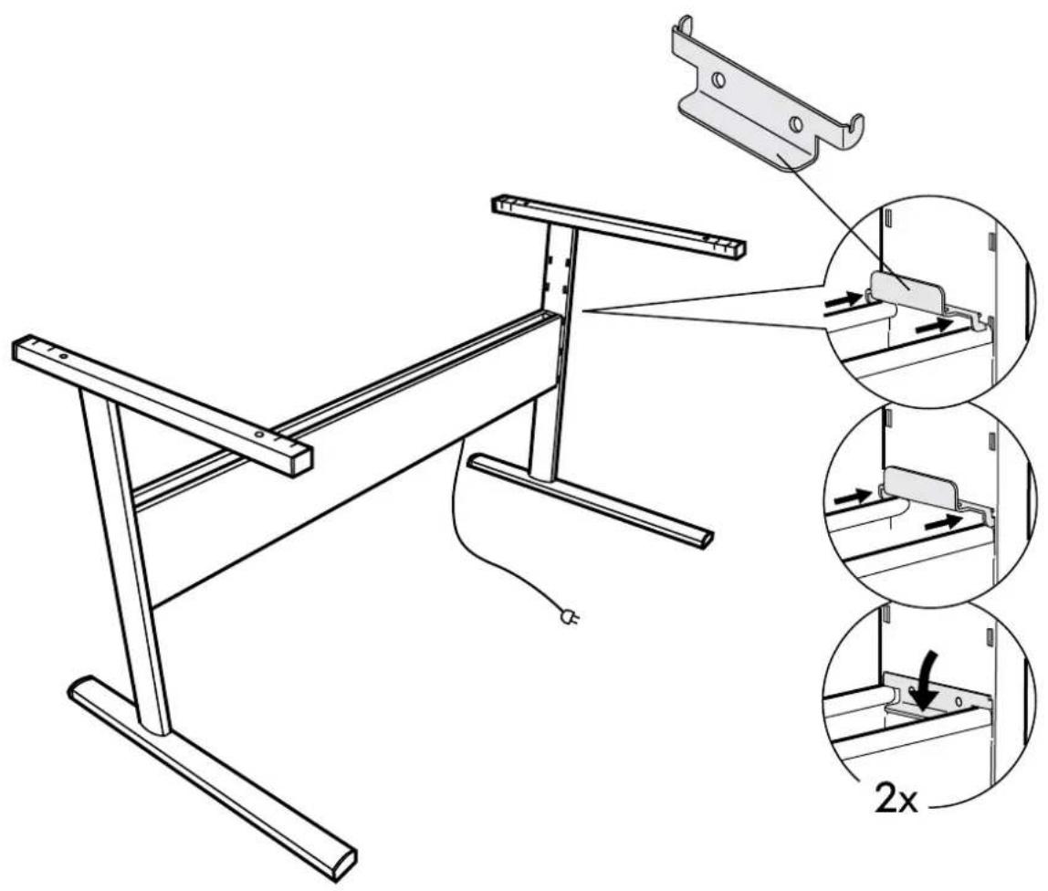 Technical diagram showing a mechanical assembly with three progressive steps: adding a bracket, adjusting a workpiece, and applying a 2x ratio to a structural component.