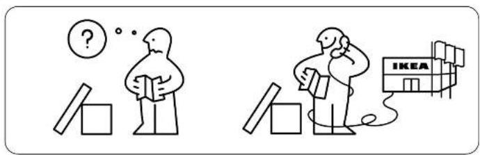 Illustration showing two cartoon figures with question marks and boxes, one thinking and the other holding a book labeled 'IKEA'