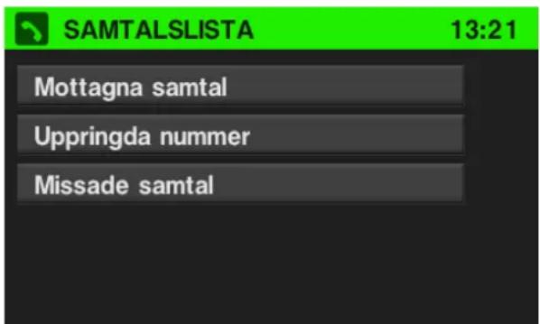 SAMTALSLISTA 13:21 Mottagna samtal Uppringda nummer Missade samtal