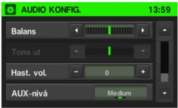 AUDIO KONFIG. 13:59 Balans Tona ut Hast. vol. - 0 + AUX-nivå Medium